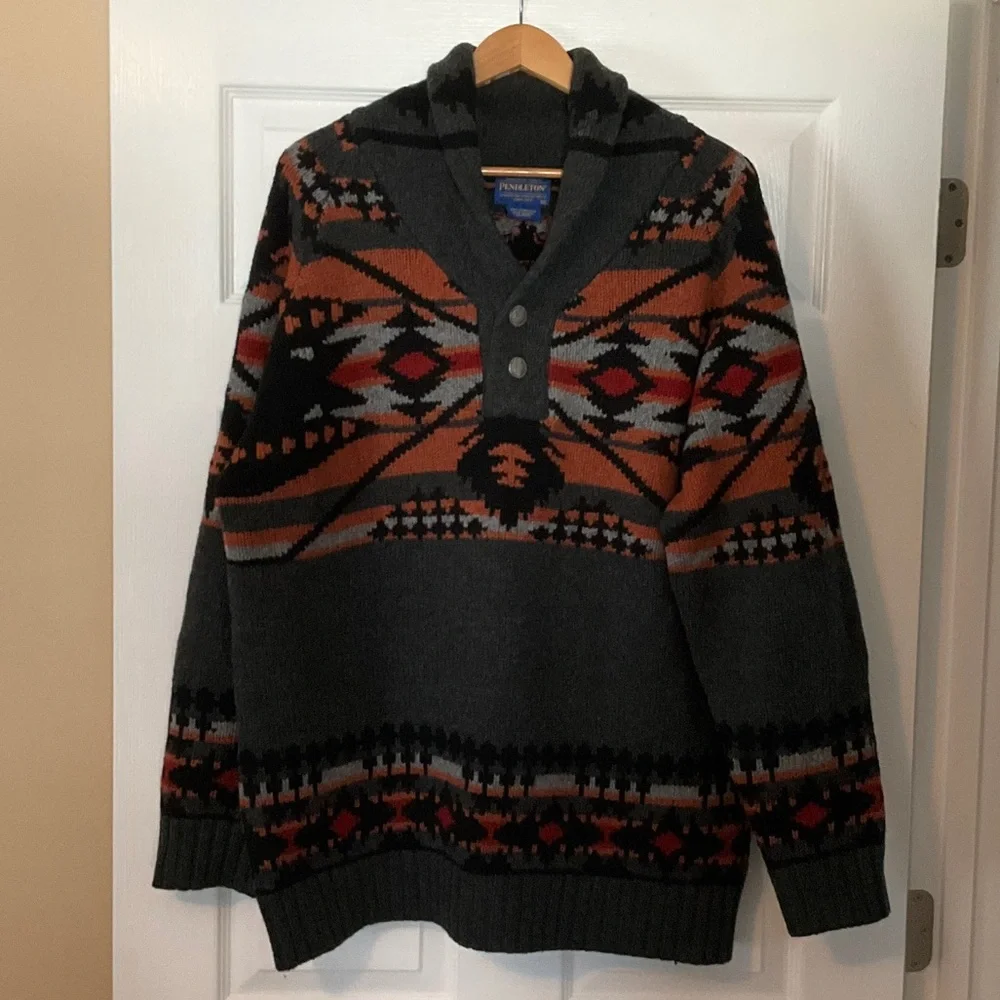 Pendleton V-Neck Sweater - Black and Orange Pattern - Picture 1 of 4